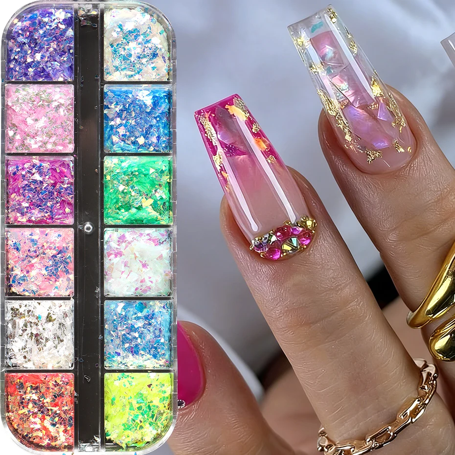 12 grilles de paillettes irrégulières pour ongles, paillettes holographiques sirène bleu rose, design printemps-été, décorations pour nail art, manucure