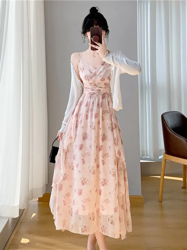 

Summer New Style Women's Two-Piece Set Sunscreen Cardigan Strapless Dress Chic V-Neck Button-Up Floral Print Casual Fashion