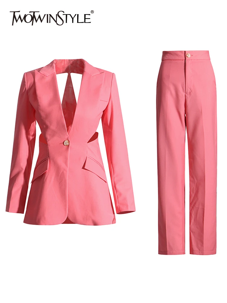 Tweetwinstyle Uitgeholde Tweedelige Sets Voor Dames Met Inkepingen En Lange Mouwen Blazer Hoge Taille Afslankende Broek Effen Set Dames Nieuw