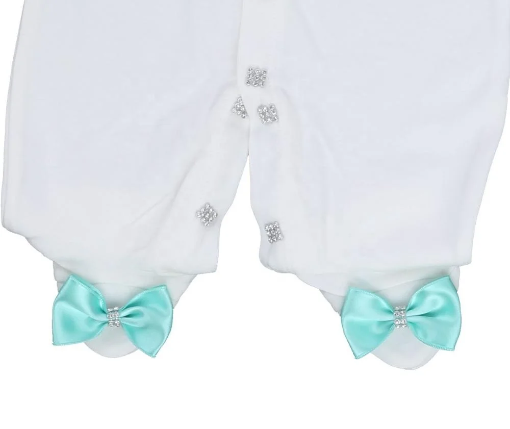 Footed Romper Newborn 0-9 Months 4 Piece Set White Mint Gold Crown Bow Prince Royal Boutique Baby Gift With Hat Mittens shoes