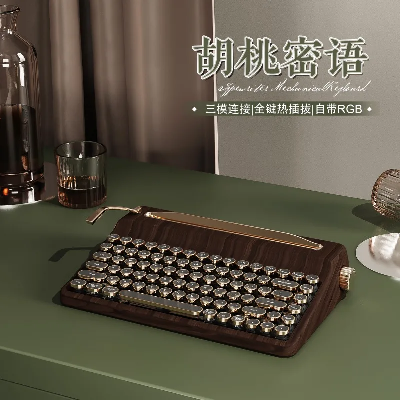 

Retro QL75 Typewriter Keyboard 75% Walnut Bluetooth Keyboard Wireless Tri Mode RGB Hot Swap Office Creativite Gamer Accessories