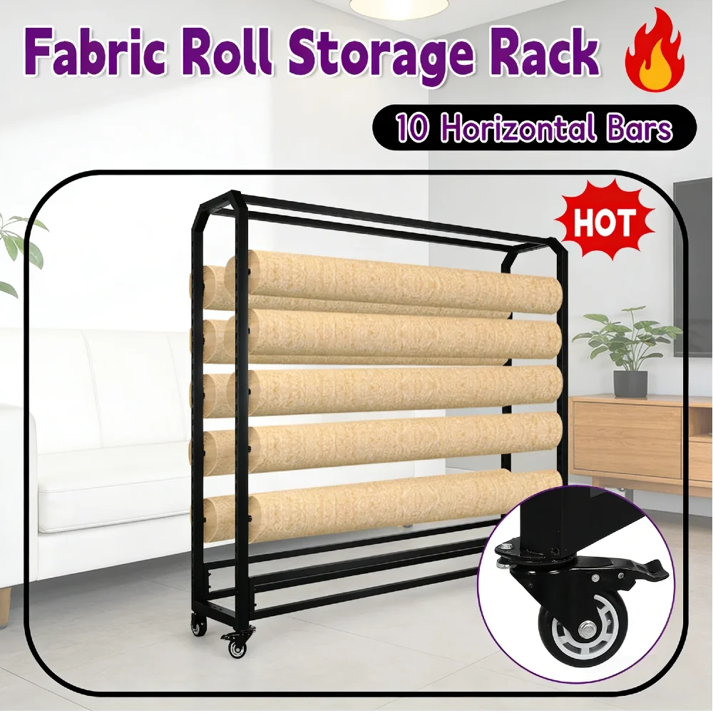 Organizador y Almacenamiento de Rollos de Tela, Acero Laminado en Frío con Ruedas, Espaciado de Estantes Ajustable de 4.5 cm para Cortinas, Papel Tapiz, Manteles