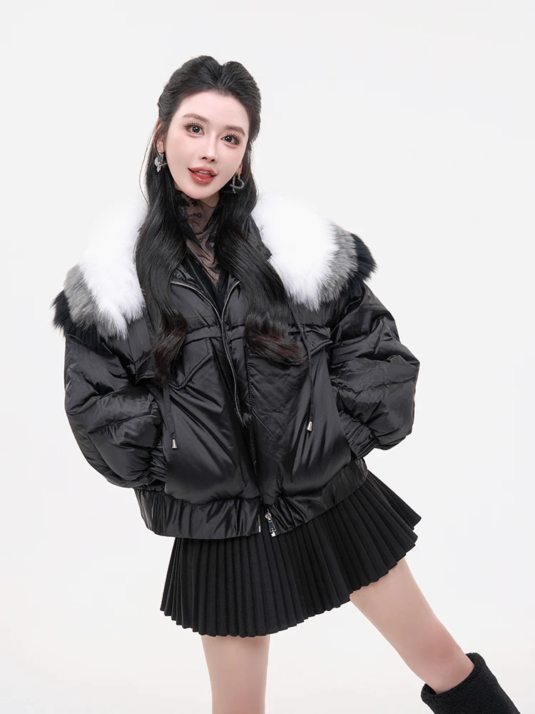 

LadiesFirst White Du down Jaet Women's Autumn Winter New Sle Warmth Bread down Jaet Large Fur Collar Turn-down Collar