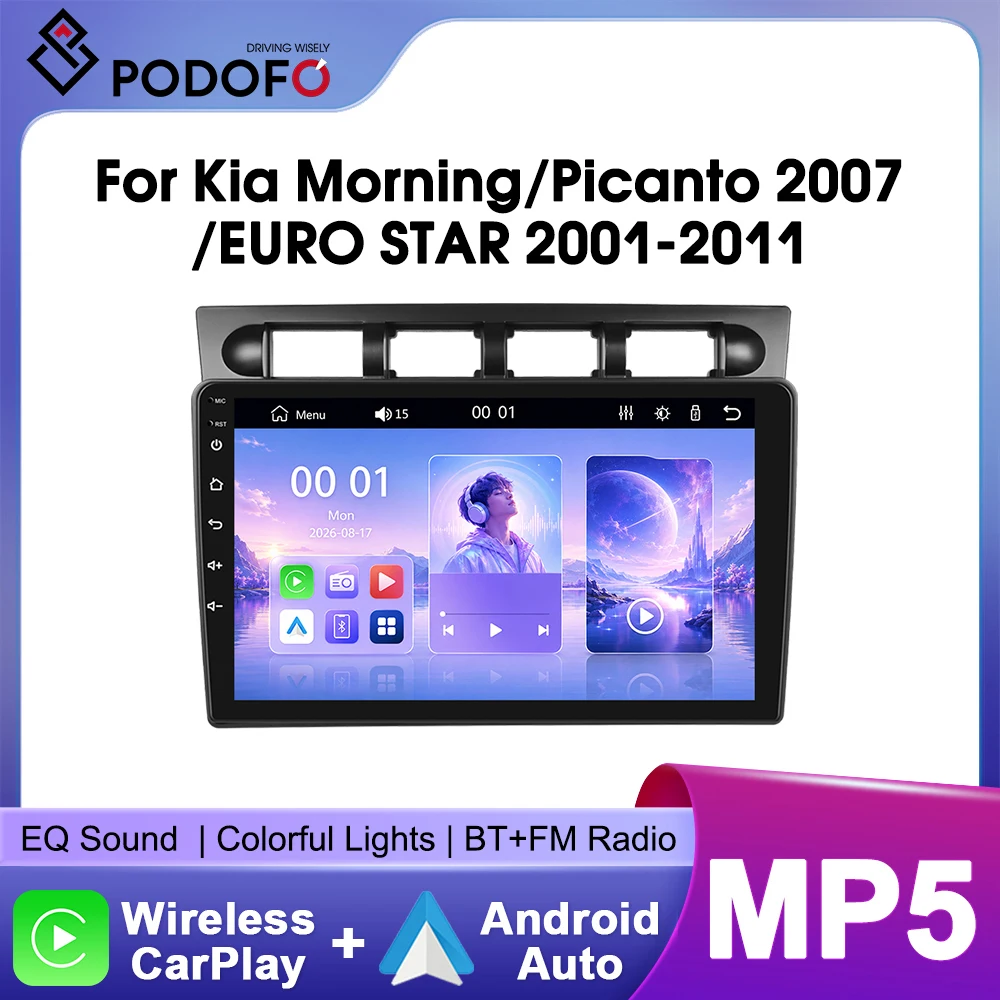 Autoradio stereo Podofo da 9 pollici per Kia Morning/Picanto 2007/EURO STAR 2001-2011 con CarPlay wireless, Android Auto, Bluetooth, Mirrorlink, lettore multimediale video