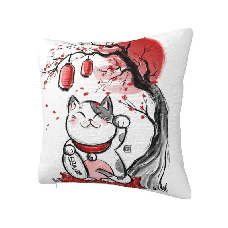 Custom Modern Maneki Neko Sakura Flowers Cushion Cover Soft Lucky Cat Cherry Blossom Pillow Case Living Room Decoration