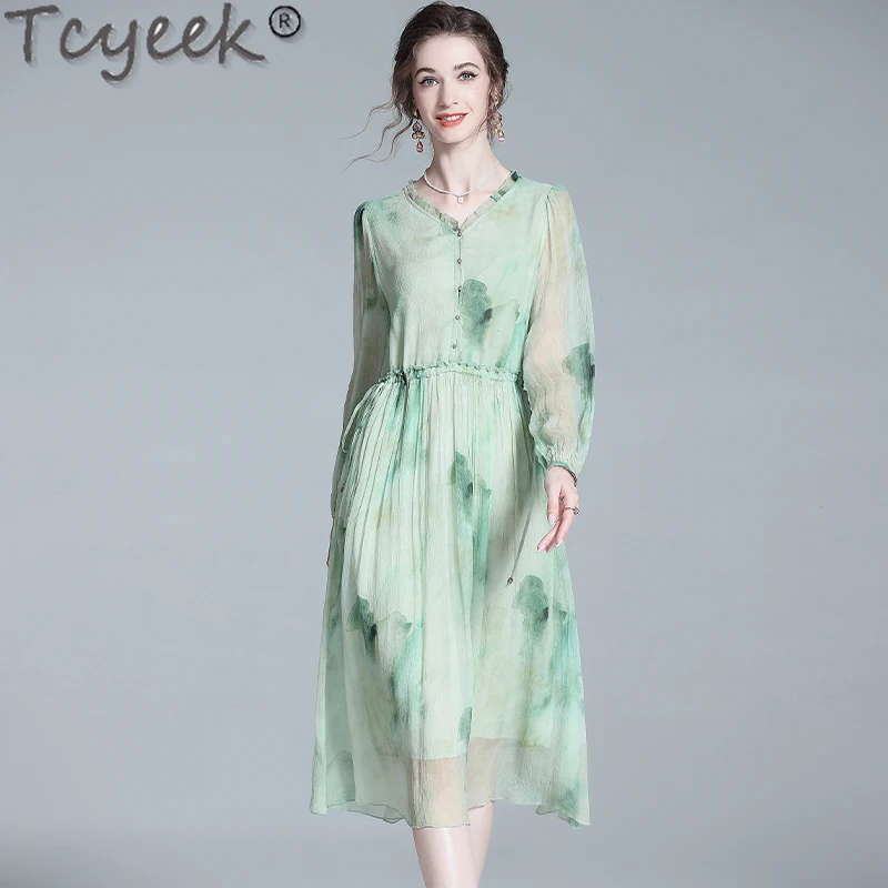 

Tcyeek 100% Real Mulberry Silk Dresses for Women Clothing Spring Summer Dress Elegant Women's Dresses Waist High-end Dress 2024