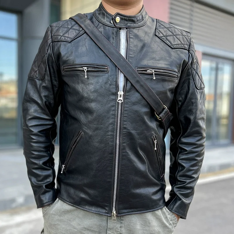 

Black Winter Leather Jacket Men Vintage Style Plus Size 5XL Genuine Natural Cowhide Stand Collar Slim Fit Leather Coat