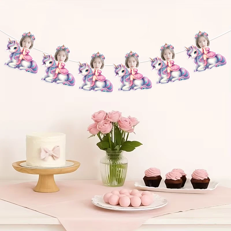 6/12Pcs Custom Photo Unicorn Riding Shape Bunting Garland Personalized Face Portrait Banner DIY Customized Hanging Party Suppl