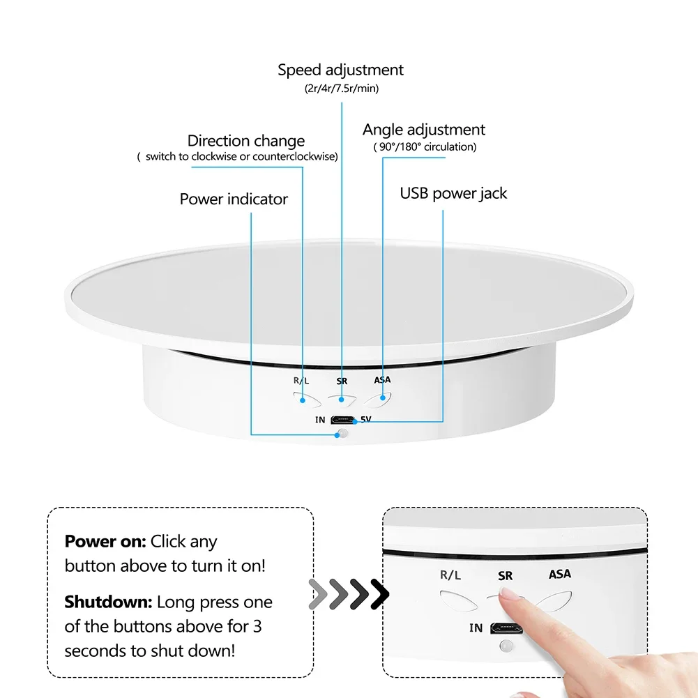 Tiro Rotativo Display para Jóias Display, ângulo de 360 graus, velocidade ajustável, veludo inteligente, brilhante, preto e branco