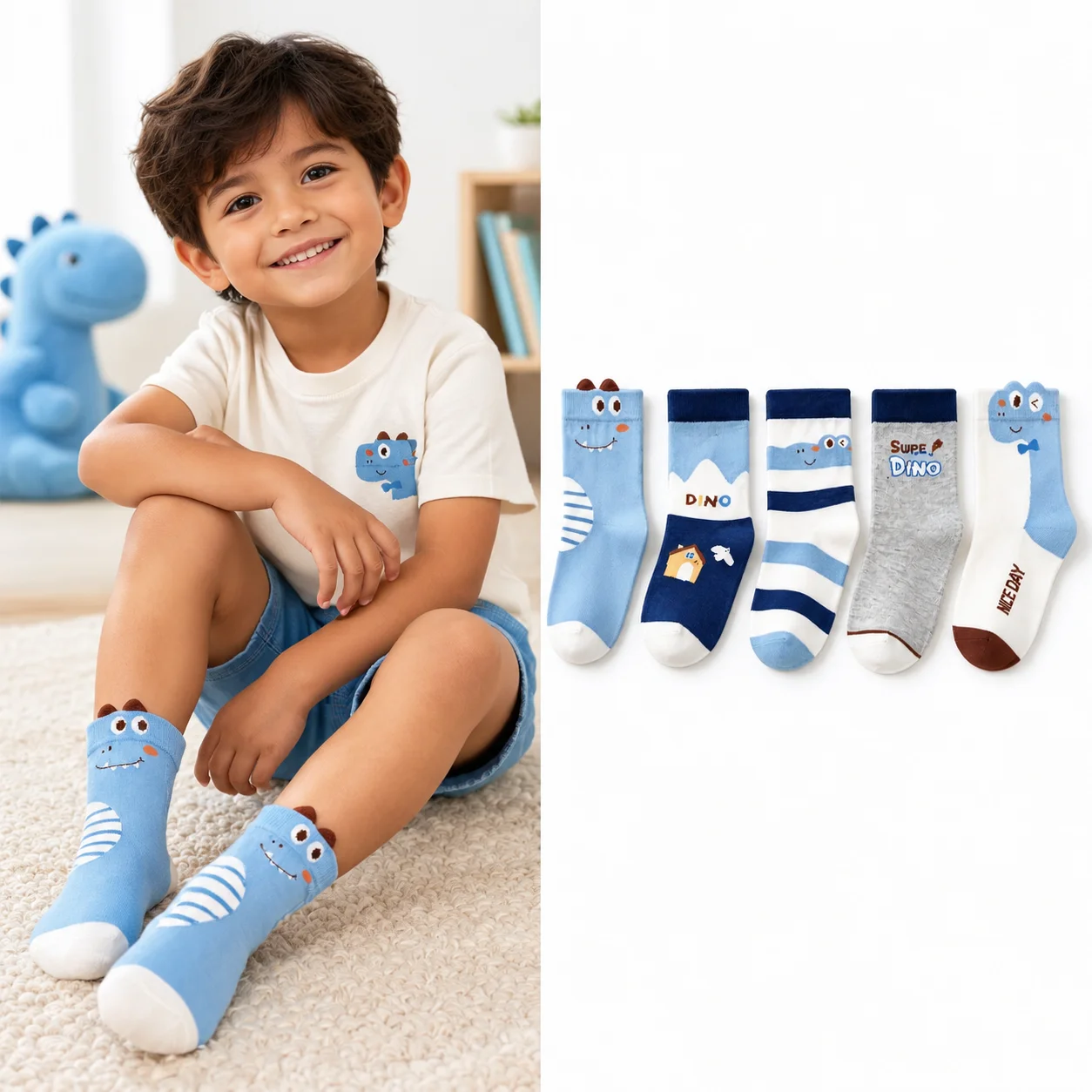 5 Pairs Kids Crew Socks Cute Cartoon Dinosaur Pattern Boys Socks Soft Breathable Stretchy Children Socks for 1-14Y All Seasons