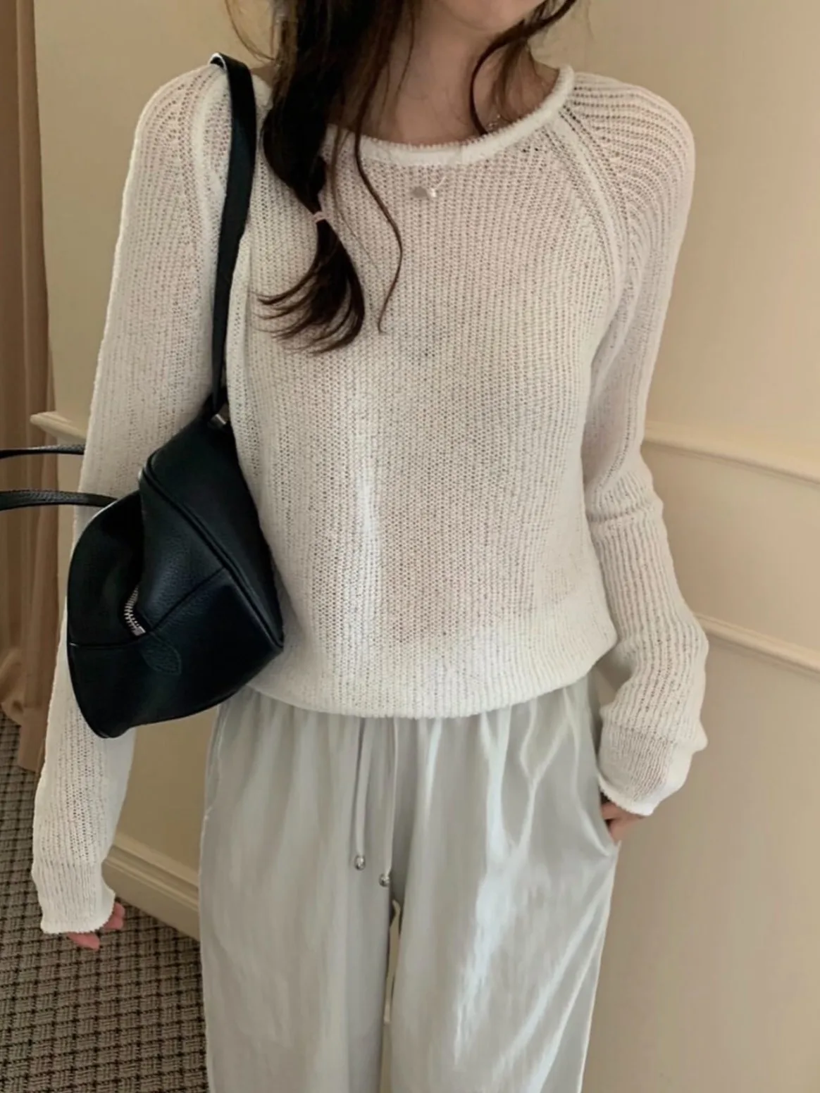 

Early Autumn New Long Sve Knitted Women's irt Korean Sle oulder Insert round Ne Pullover Air Conditioner Cover Sof...