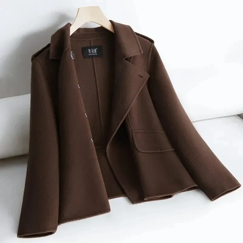 

Двустороннее шерстяное пальто для женщин, однотонное короткое маленькое двубортное облегающее осеннее шерстяное пальто