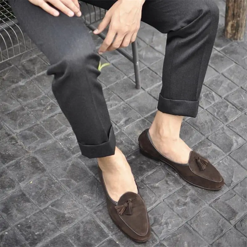 New Dark Blue Men Loafers Handmade Cow Suede Tassel Solid Color Round Head Slip-on Fashion Business Casual Party Daily Men Shoes