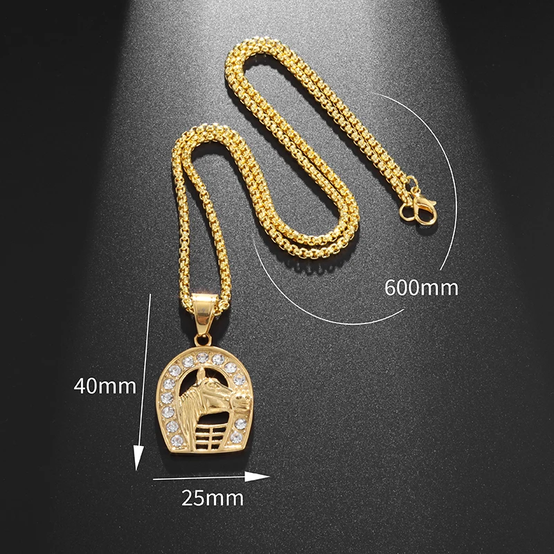 Fashionable and Creative Jockey Club Horse Head Men's Necklace Horseshoe Shining Charm Hip Hop Jewelry Accessories for Women