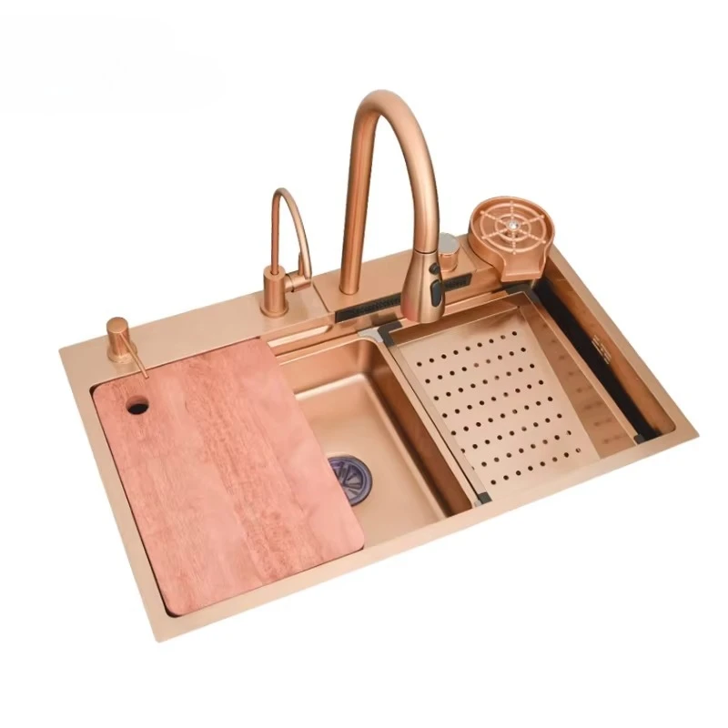 حار بيع الذهب الوردي حوض المطبخ الذكي 304 الفولاذ المقاوم للصدأ شلال صنبور المطبخ اليدوية #1