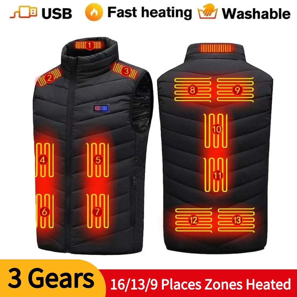 

16 Places Zones Heated Vest USB Charging Thermal Electric Heating Clothing Women Men Thermal Heating Clothing for Outdoor Travel