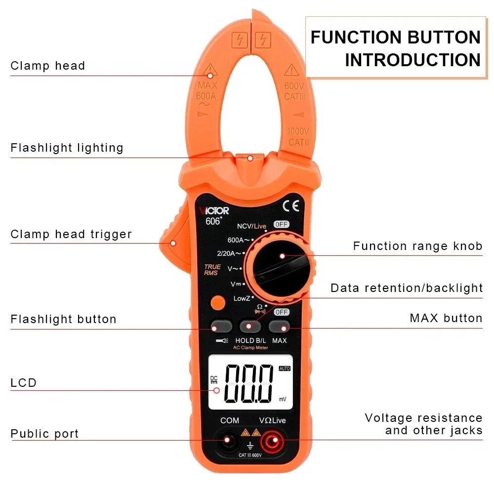 Victor 606+ Digital Clamp Meter TRUE RMS DC/AC Multimeter Ammeter Voltage Tester Car Hz Capacitance NCV Ohm Pinza Amperimetrica