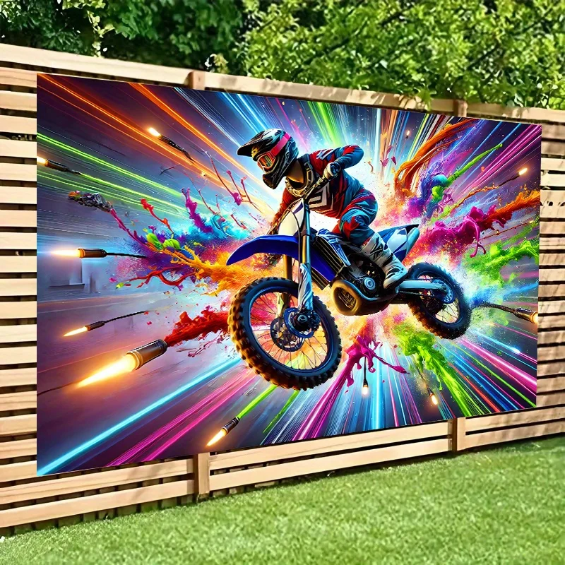 Motocross Rider Colorful Paint Splash Speed 2D Flat Tapestry Backdrop For Game Room Decor Extreme Sport Wall Hanging