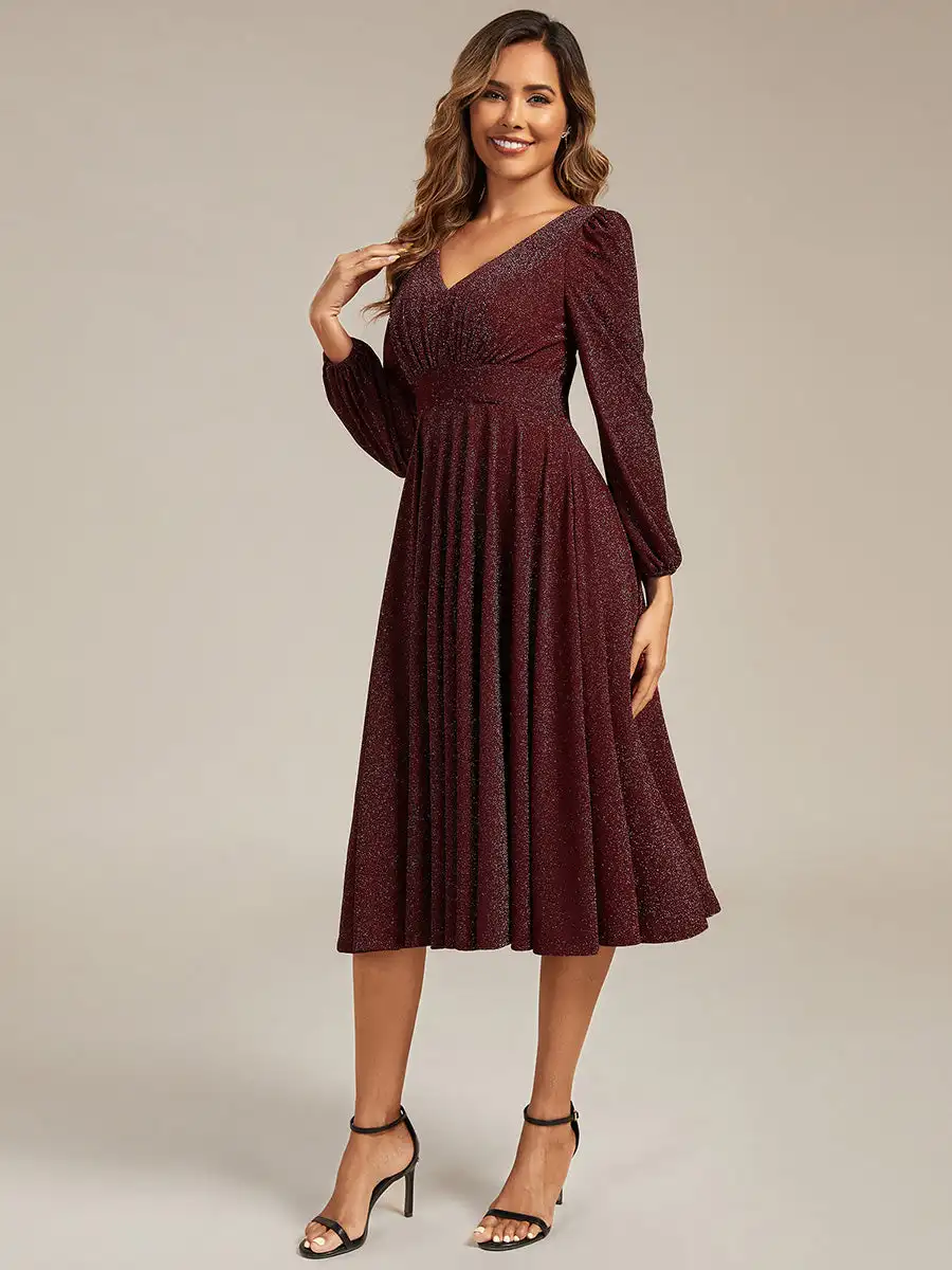

BAZIIINGAAA Party Dress Long Sleeve V-Neck Gathered A-Line Midi Wedding Guest Dresses Evening Dresses