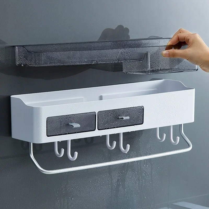 Solid Bathroom Shelves Without Hole Toilet Sink Washroom Shower Wall Mounted Storage Cabinet Towel Pole Wall-mounted Shelf