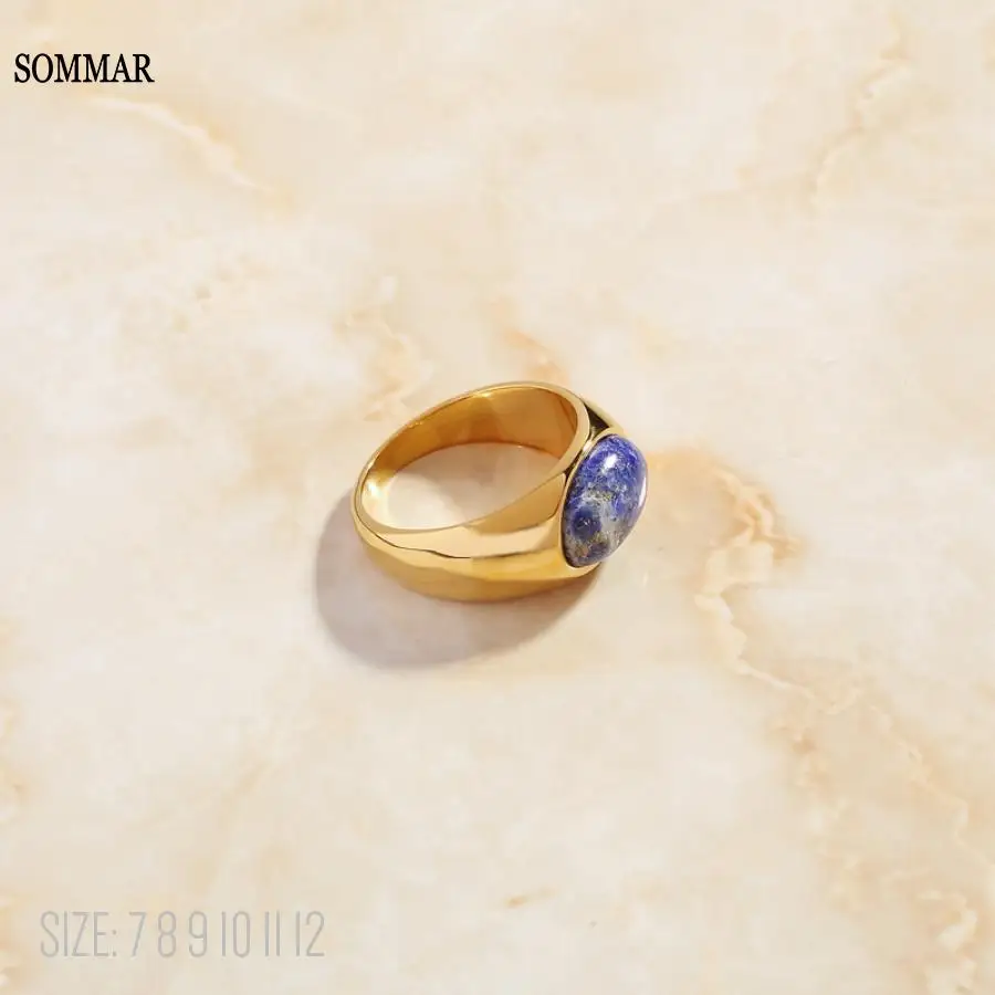 SOMMAR gifts Gold Plated size  7 8 9 Perfume women wedding rings Blue natural stone ring opal men jewelry