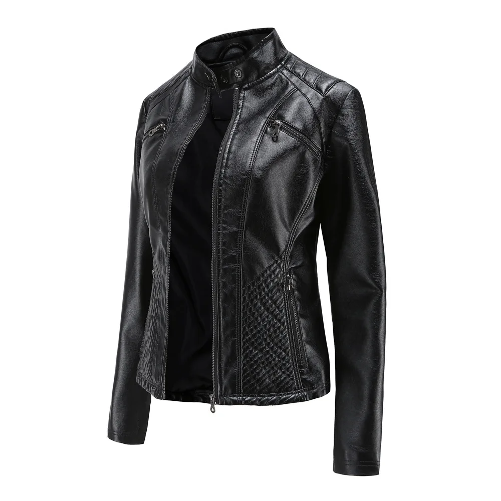 Women's Casual Leather Jacket with Stand Up Collar, Motorcycle Zipper Jacket, Slim Fit, Spring and Autumn, 2024