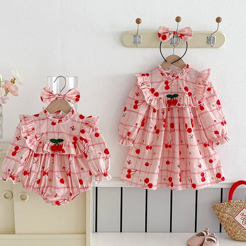 2025 New Autumn Sister Dress 2-7Yrs Girl Party Dress Long Sleeved Cotton Print Kids Princess Dresses Baby Girl Romper