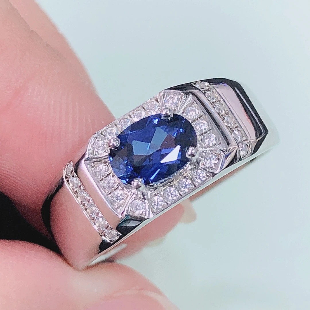 

AU585 Male Ring 14K Fine Jewelry 1Ct Oval Cut Sapphire Blue Diamond Ring Solid 14K 585 White Gold Ring Ceremony Gift 204