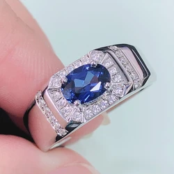 AU585 Male Ring 14K Fine Jewelry 1Ct Oval Cut Sapphire Blue Diamond Ring Solid 14K 585 White Gold Ring Ceremony Gift 204