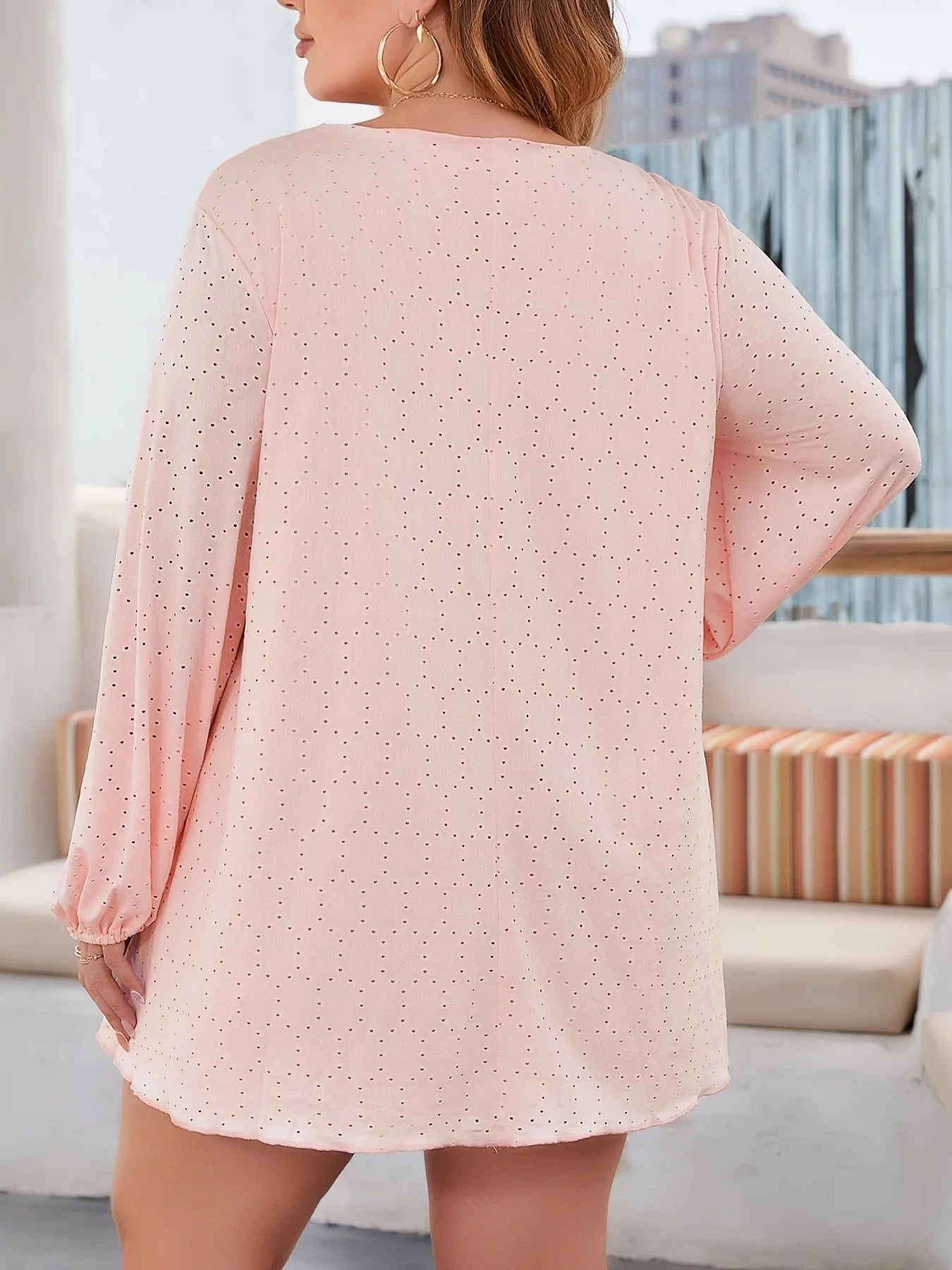 Plus Size Women V Neck Eyelet Embroidery Lantern Long Sleeve A Line Mini Dress