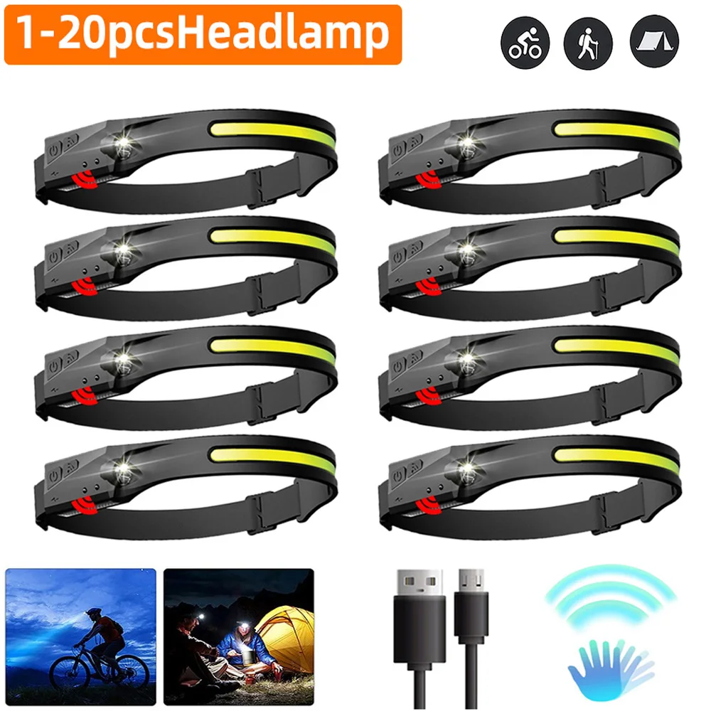 

COB LED Head Lamp USB Rechargable Flashlight LED Headlamp 4 Lighting Mode Work Light For Outdoor Hiking Fishing Lanterna20PCS