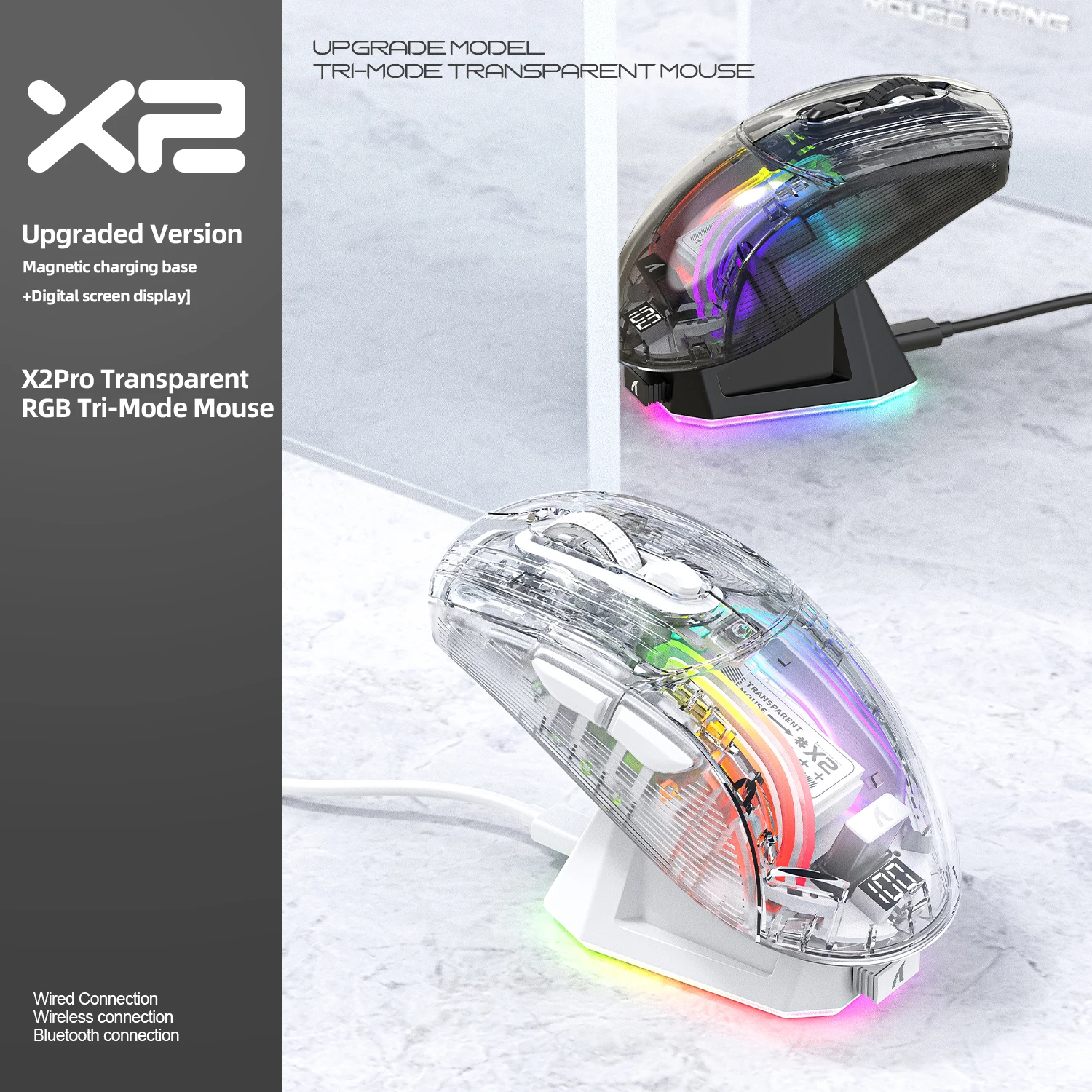 Attack Shark X2 Pro 2.4G Tri-Mode Wireless Gaming Mouse Bluetooth Digital Power Display Magnetic Charging Dock Silent Click RGB