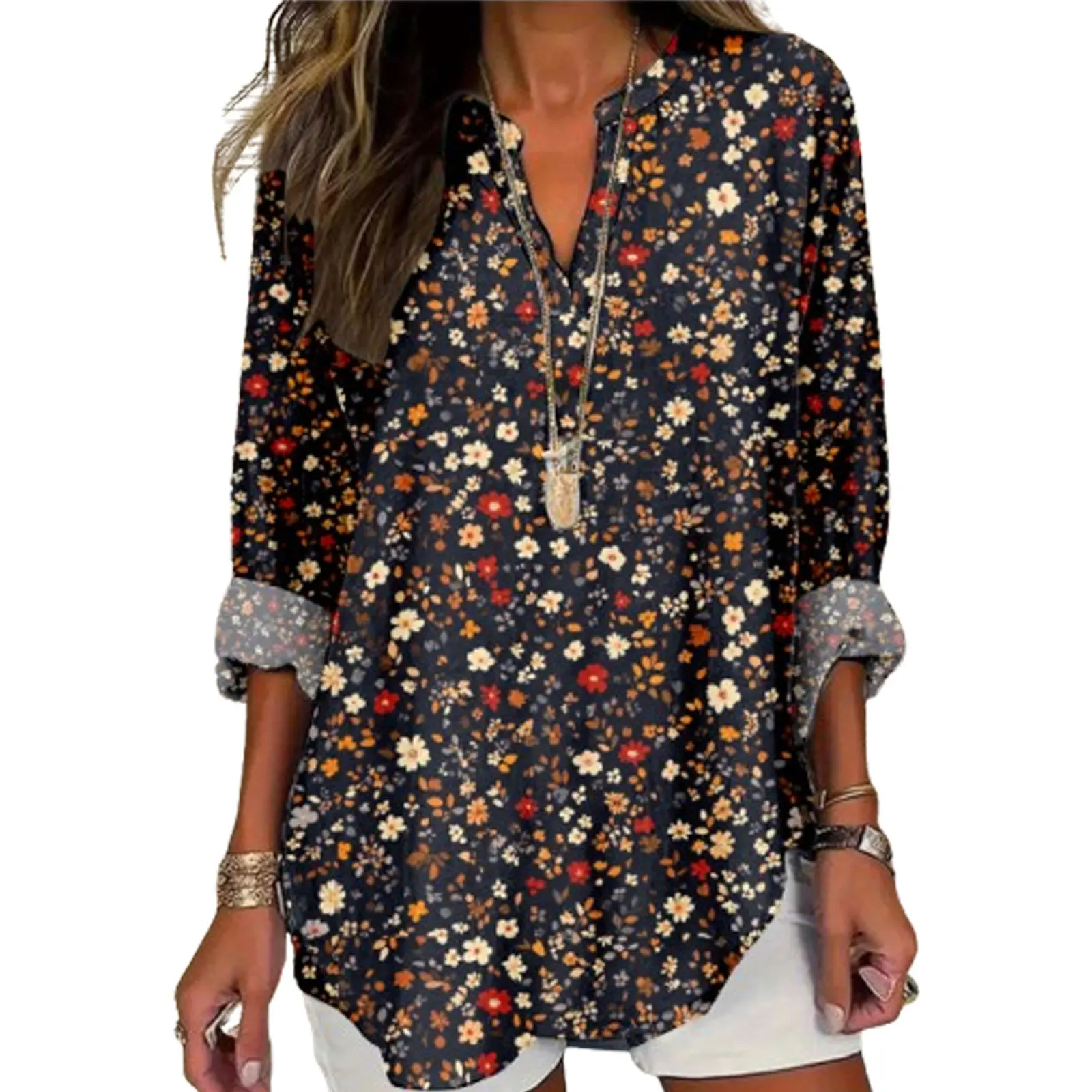 เสื้อเชิ้ตผ้าลินินลายดอกไม้สไตล์โบฮีเมียนสำหรับผู้หญิง คอวี แขนยาว เสื้อคลุมพิมพ์ลายวินเทจ สวมใส่สบายทรงหลวม เหมาะสำหรับฤดูใบไม้ร่วง
