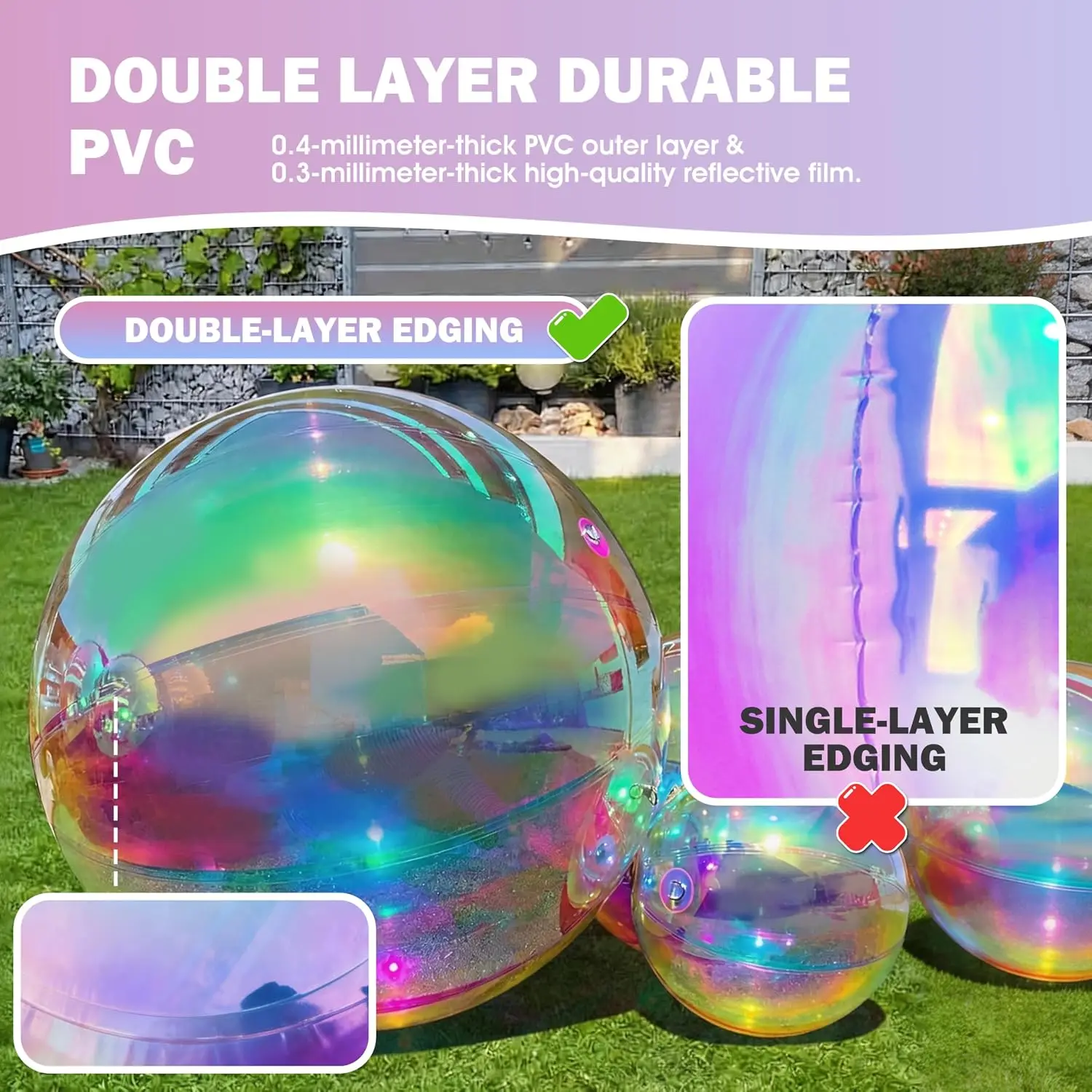 Inflatable Mirror Ball Set, Iridescent Giant Shinny Mirror Balls, Reusable Inflatable Disco Balloons, 19.7+31.5+39.4in PVC Bubbl