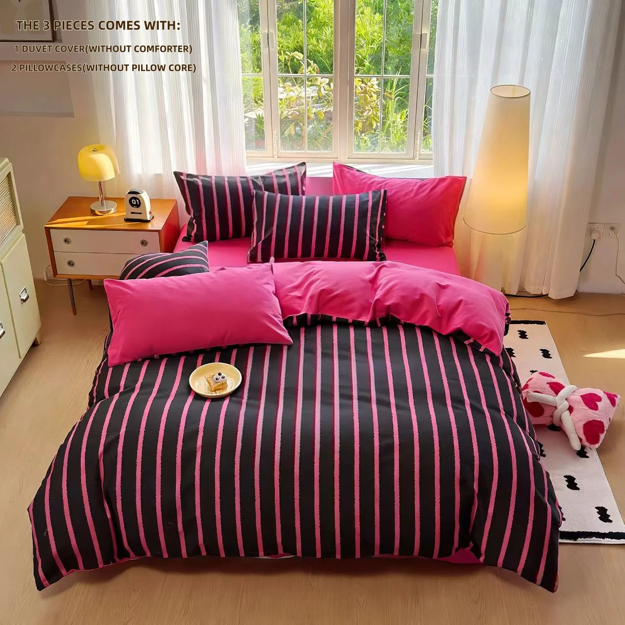 3pcs Black /hot pink Duvet Cover Set (1*Duvet Cover + 2*Pillowcase, Without Core),soft fabricBedding Set