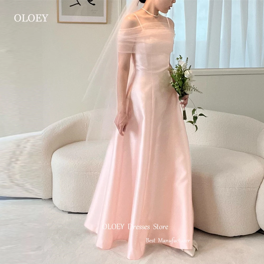 Oloey einfach eine Linie rosa Korea Brautkleider mit Bolero Tüll Spaghetti träger Korsett zurück Satin formelle Abendkleider