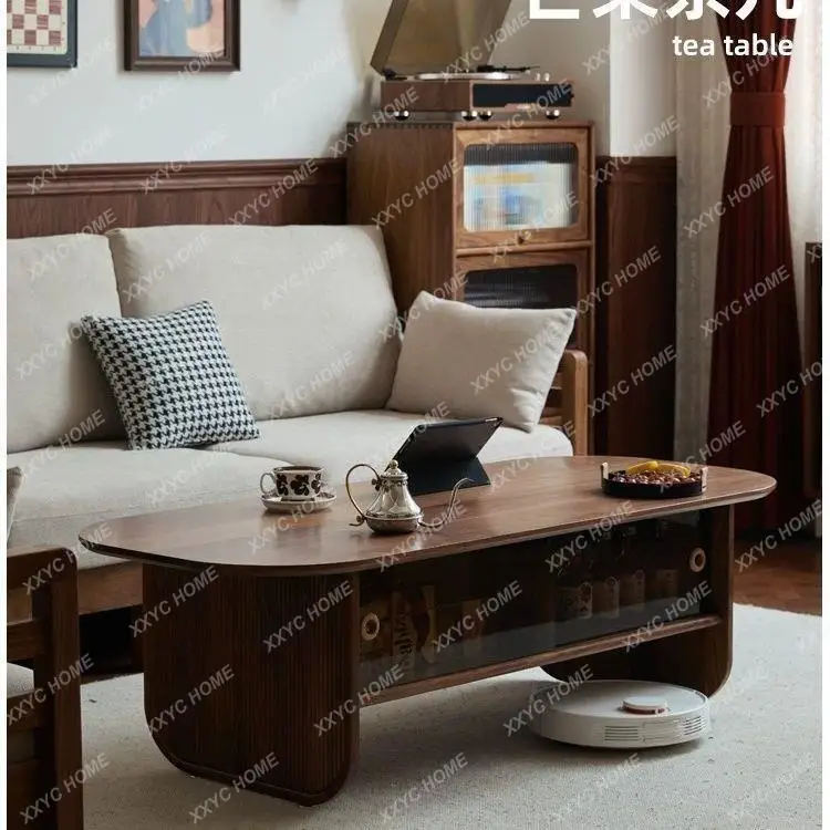 Solid wood coffee table black walnut rock slab living room storage cream wind small apartment tea table oval medieval modern