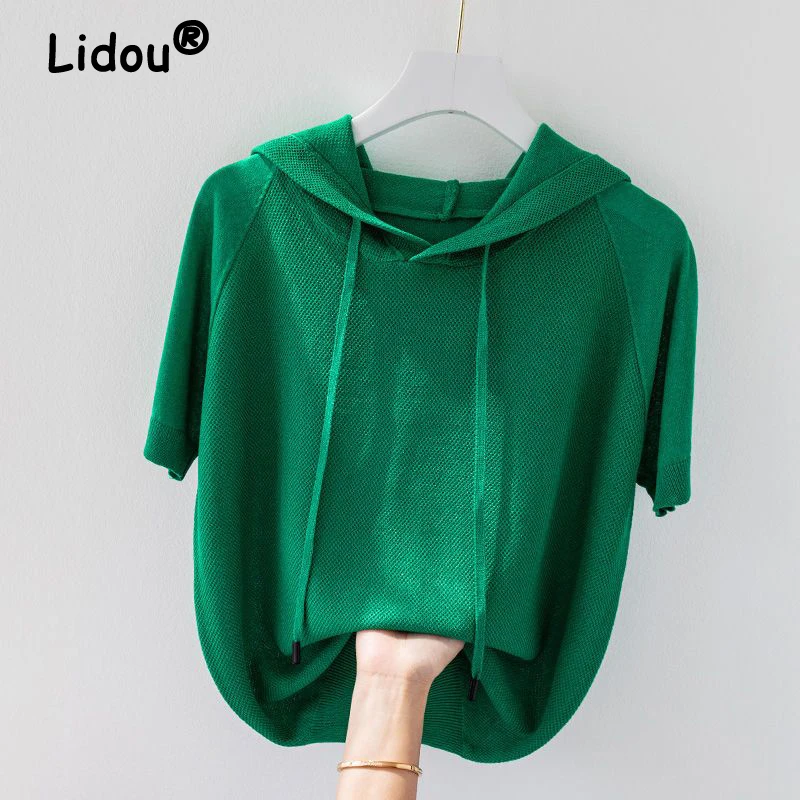 Women Simple Casual Streetwear Loose Ice Silk Hooded Knitted T Shirt Summer Trendy Short Sleeve Pullover Tops Y2K Ropa De Mujer