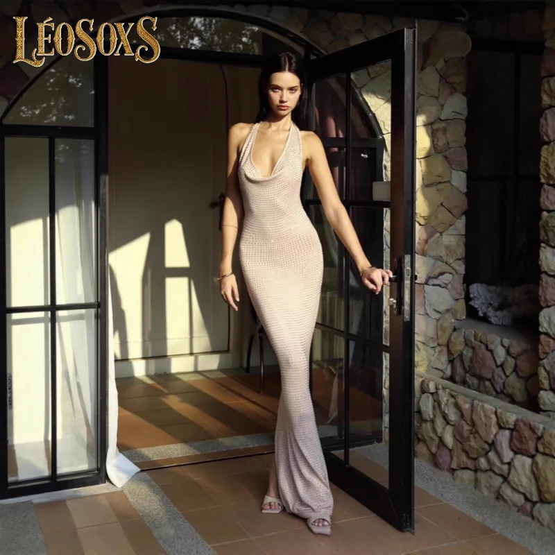 

LEOSOXS женское сексуальное платье знаменитостей с открытой спиной и бриллиантами, блестящее бежевое длинное платье макси, платье 2025 года, элегантное вечернее клубное платье