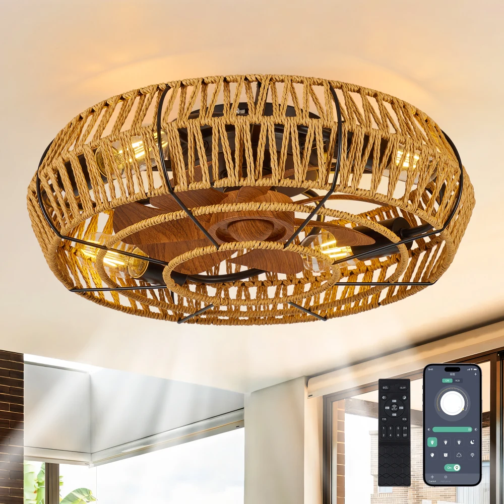 

19" Caged Ceiling Fan with Lights & Remote, Boho Flush Mount,6-Speed Bladeless Reversible 4 Bulbs for Living/Bedroom