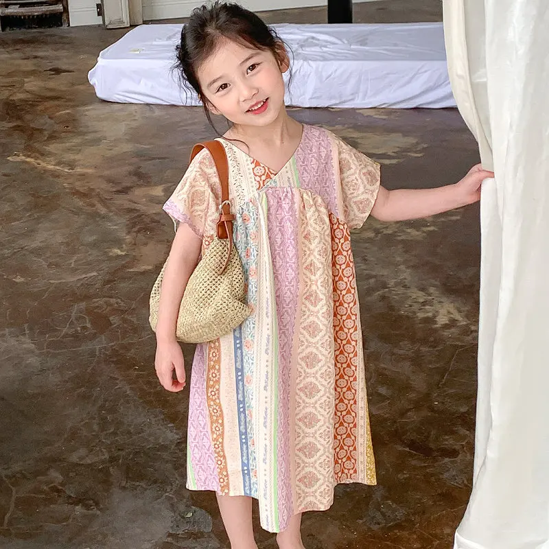 Girls Dress Fashion V Neck One Piece Princess Dress 26 Summer Outfit New Temperament Vacation Style Childrens Clothing