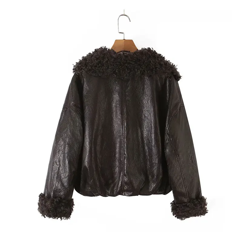 Nlzgmsj 2026  Winter Women Faux Leather Short Jacket Curled collar Warm Thick Outerwear Zip Up Loose Cropped PU Coat  Streetwear