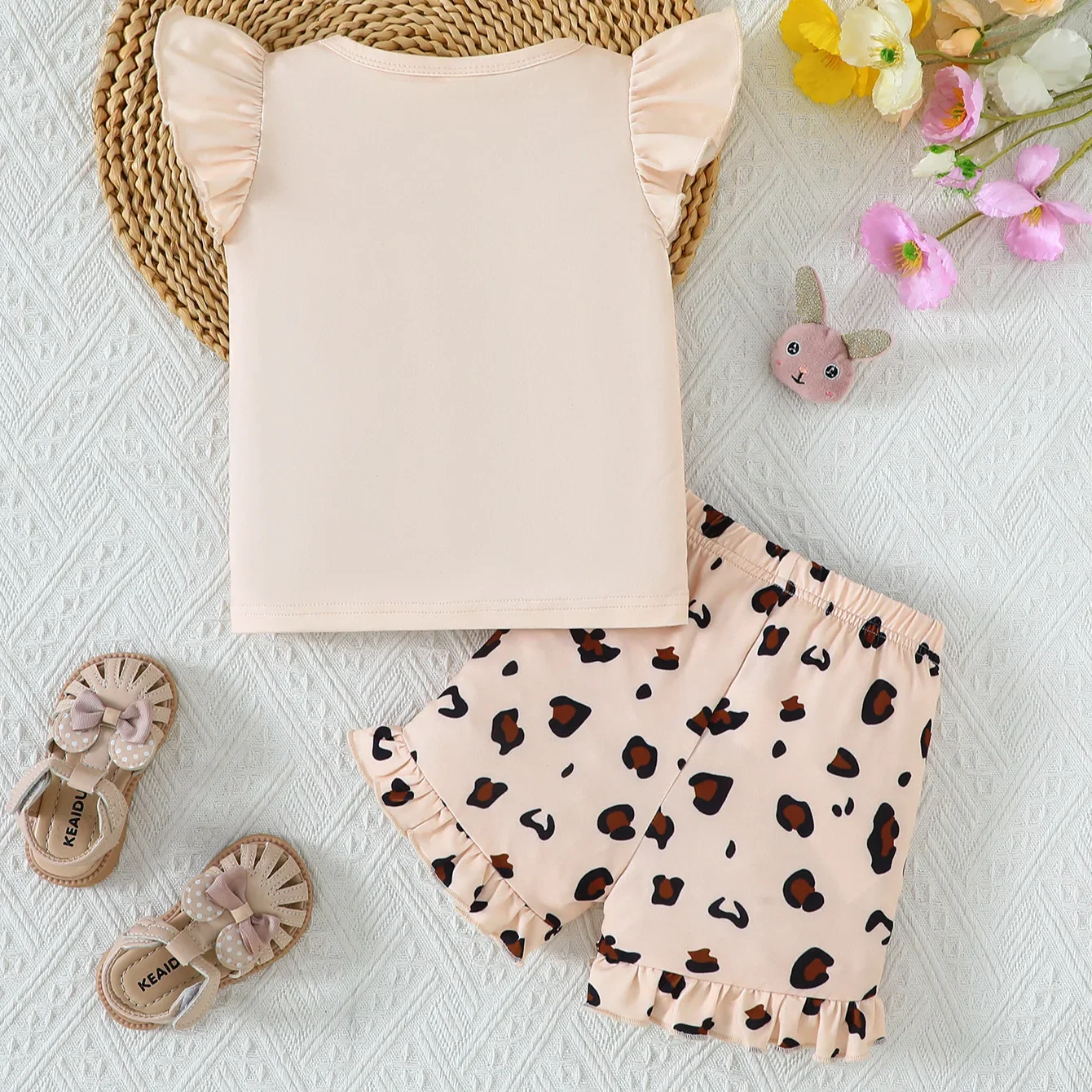 Girls 2Pcs Outfit Cartoon Rabbit Print Ruffle Fly Sleeve Top Leopard Shorts Kid Summer Beach Dailywear Casual Clothing Set ZYD47