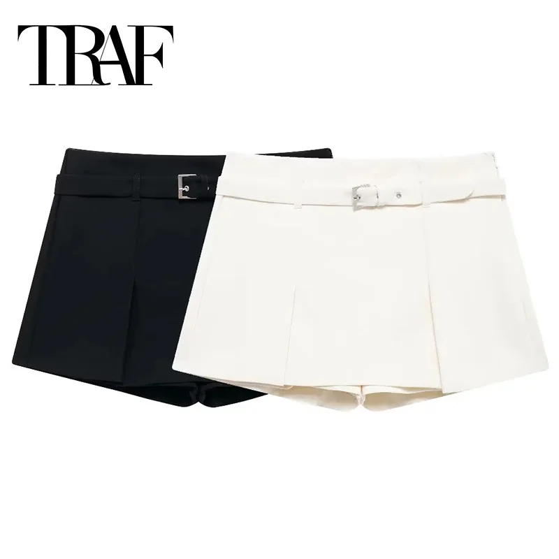 

TRAF 2024 Belt Skort For Women White Black High Waist Skirt Shorts Woman Fashion Elegant Women's Shorts Summer Casual Shorts