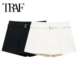 TRAF 2024 Belt Skort For Women White Black High Waist Skirt Shorts Woman Fashion Elegant Women's Shorts Summer Casual Shorts