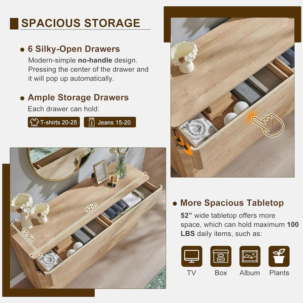 Komoda DAFIFY z 6 szufladami, 132 cm szerokości, drewniana szafka do przechowywania, komoda bez uchwytów do salonu i przedpokoju, zakrzywiony kształt, naturalny dąb