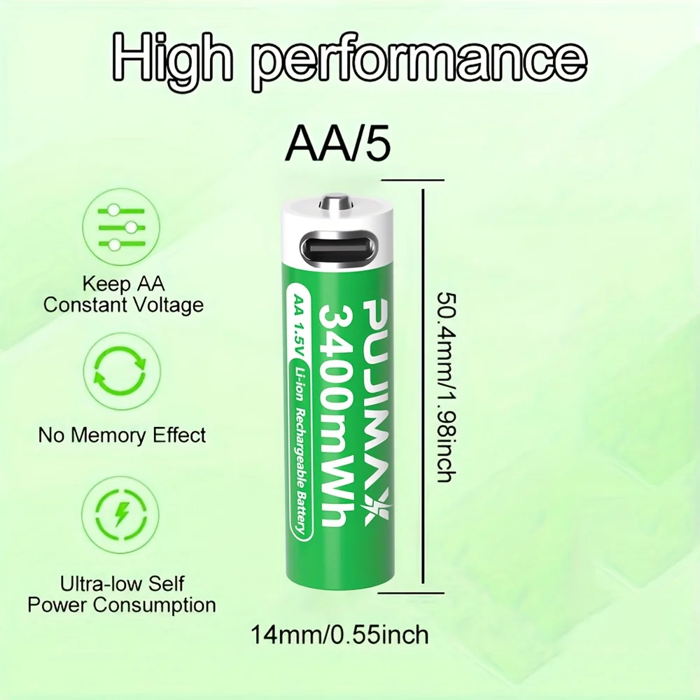 PUJIMAX 100 Pieces AA3400mAh Rechargeable Lithium Batteries, with a Stable Voltage of 1.5V. Comes with a Battery Case. Portable Power Supply. Suitable for Alarm Clocks, Remote Controls, Cameras, Car Accessories, Christmas Decorations and Other Devices