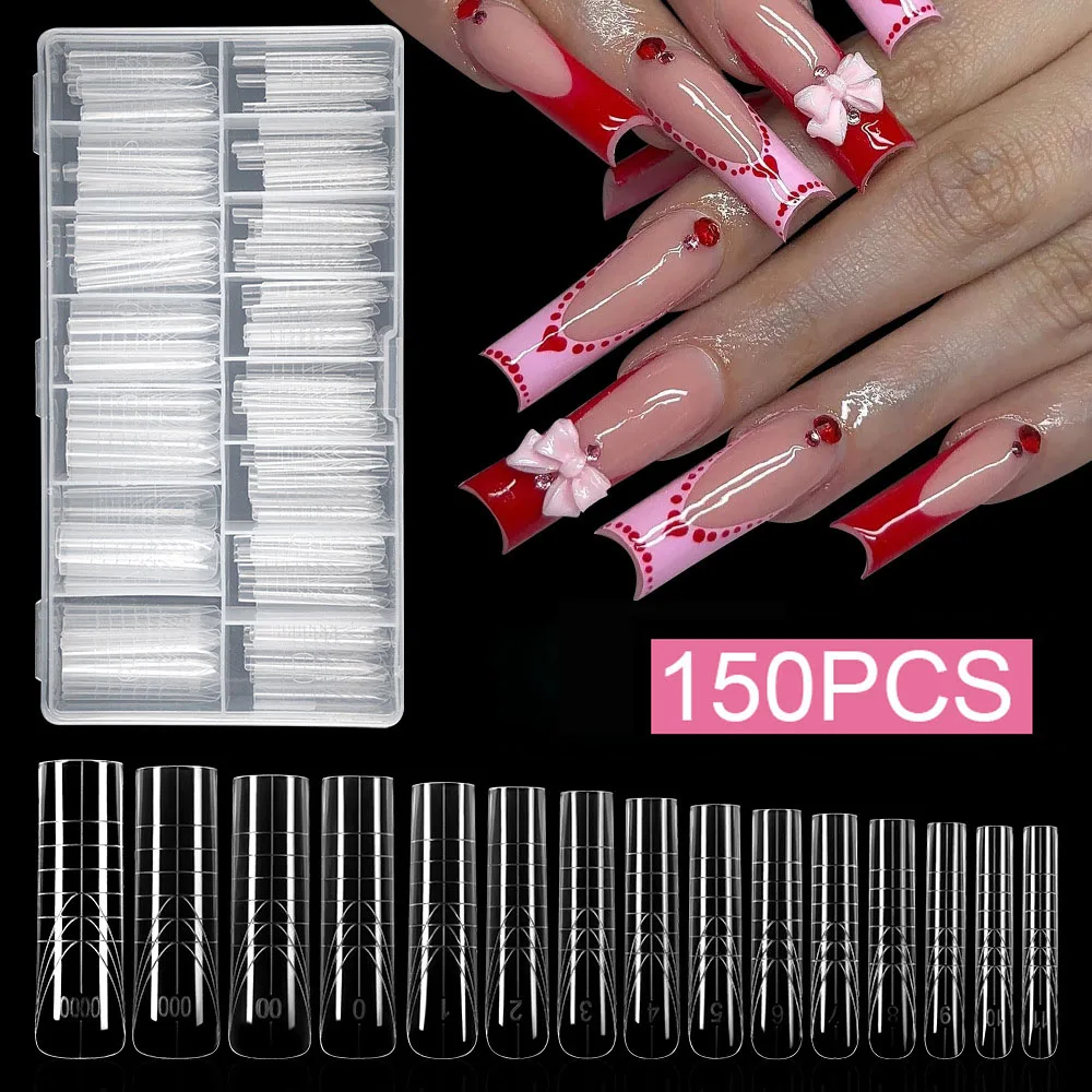 150pcs New Coffin Shape Sandwich Nail Forms Ultra-Thin No-Trace Nail Tips with Auxiliary Line Almond Shape False Nails DIY
