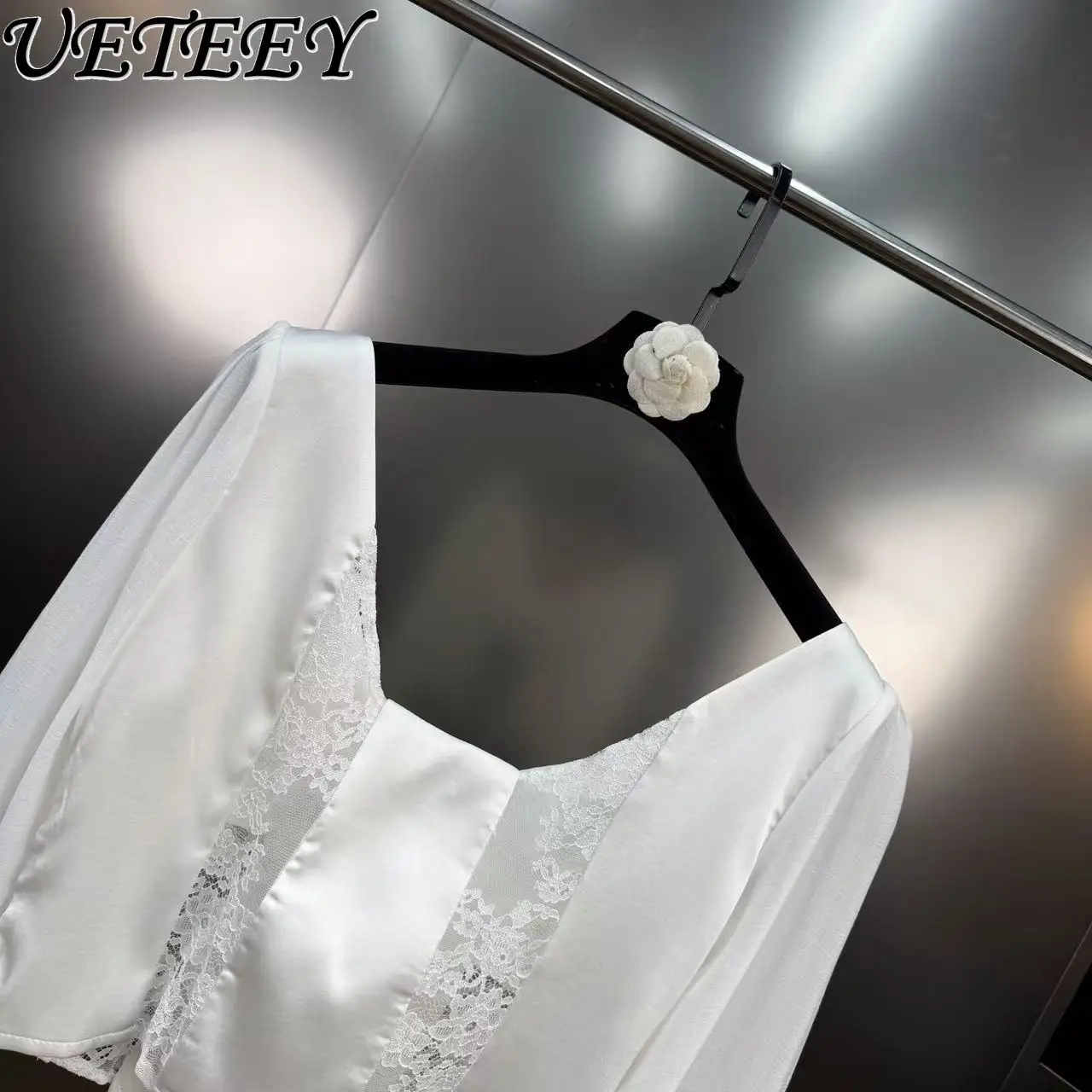 Herfst Franse stijl volwassen elegante korte kanten patchwork stropdas tops veelzijdig wit slim fit shirt met lange mouwen voor dames