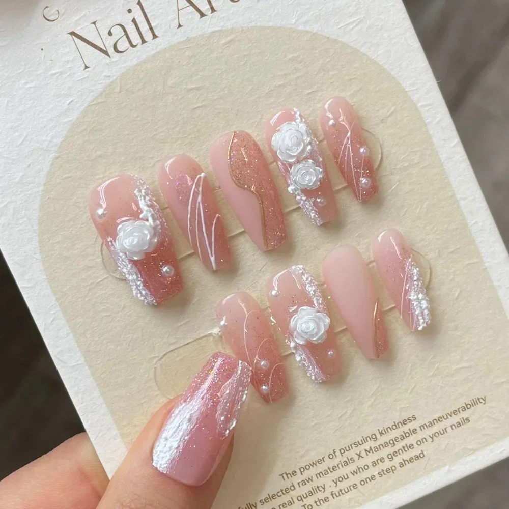 

Handmade Pink Press on Nails Korean Camellia Design Long Coffin Reusable Adhesive Fake Nails Full Cover Nail Tips Manicure